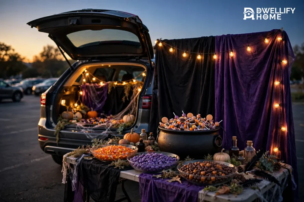 Witch's potion trunk-or-treat table at dusk: black cauldron full of candy, purple and black draped backdrop with string lights, and a decorated open car trunk behind