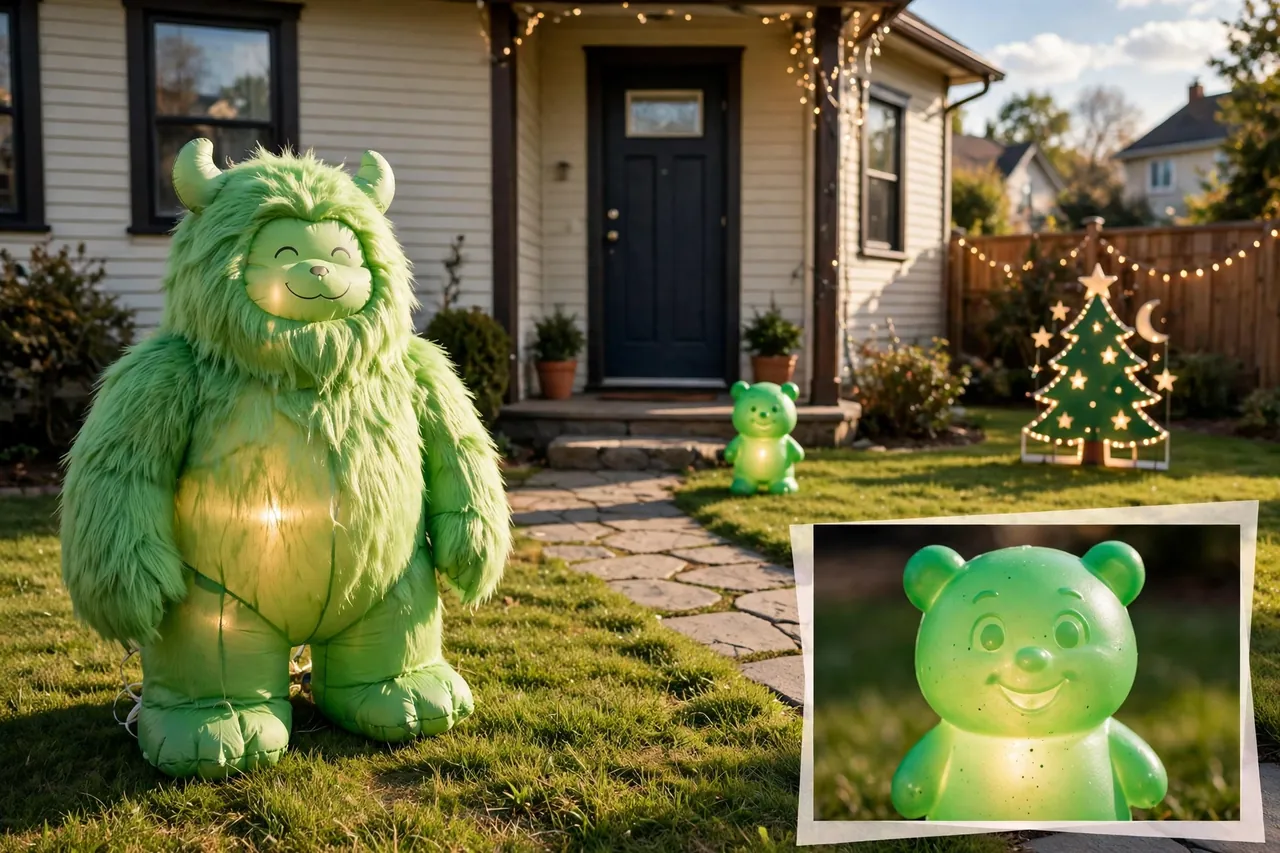 Front yard with a large glowing green inflatable figure, a small glowing green plastic figure by the door, and a flat lighted lawn panel near the fence, with a close-up inset of the small glowing figure
