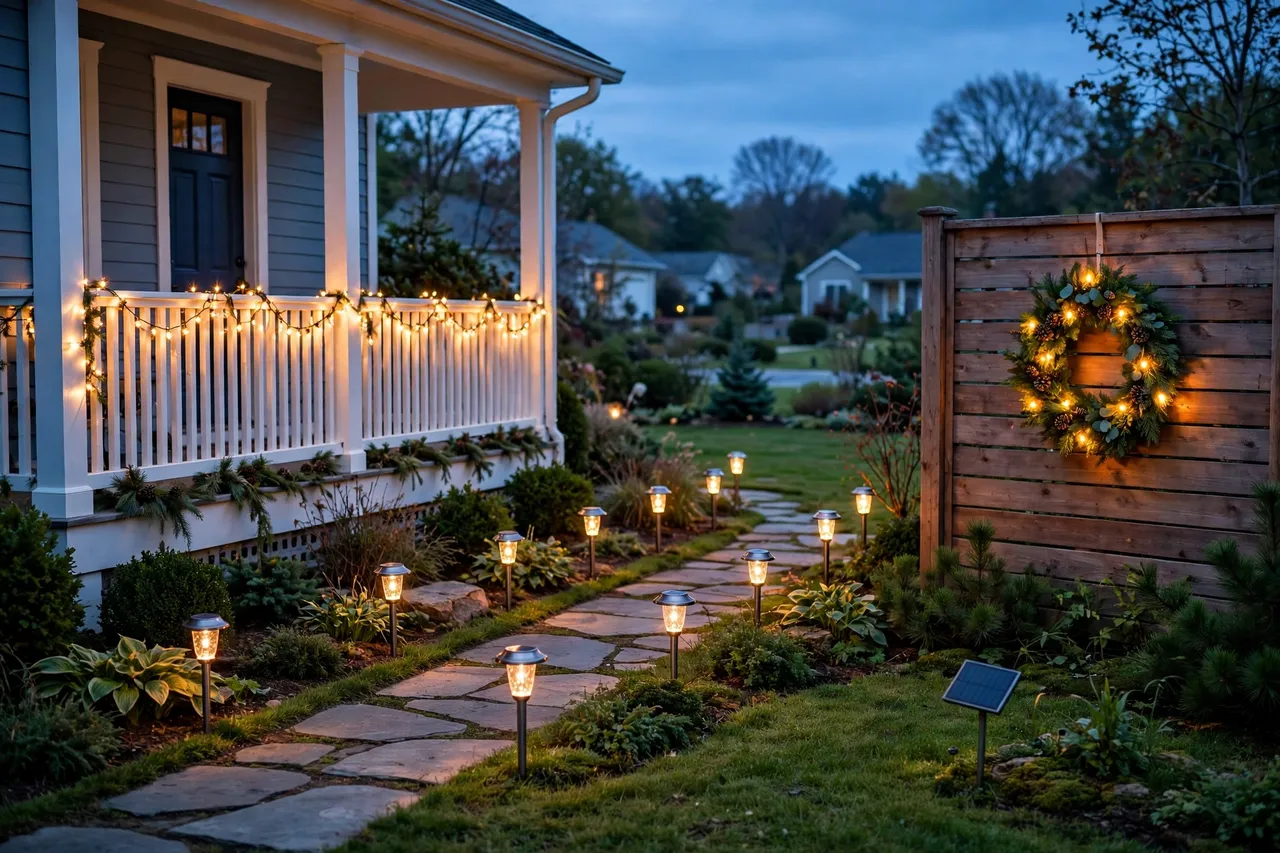 Porch railing with solar string lights, glowing solar path lights along a stone walk, and a lit wreath on a wooden fence at dusk