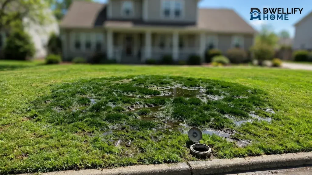 Front lawn with a waterlogged, extra-green patch above a buried leak and an open water meter box at the curb