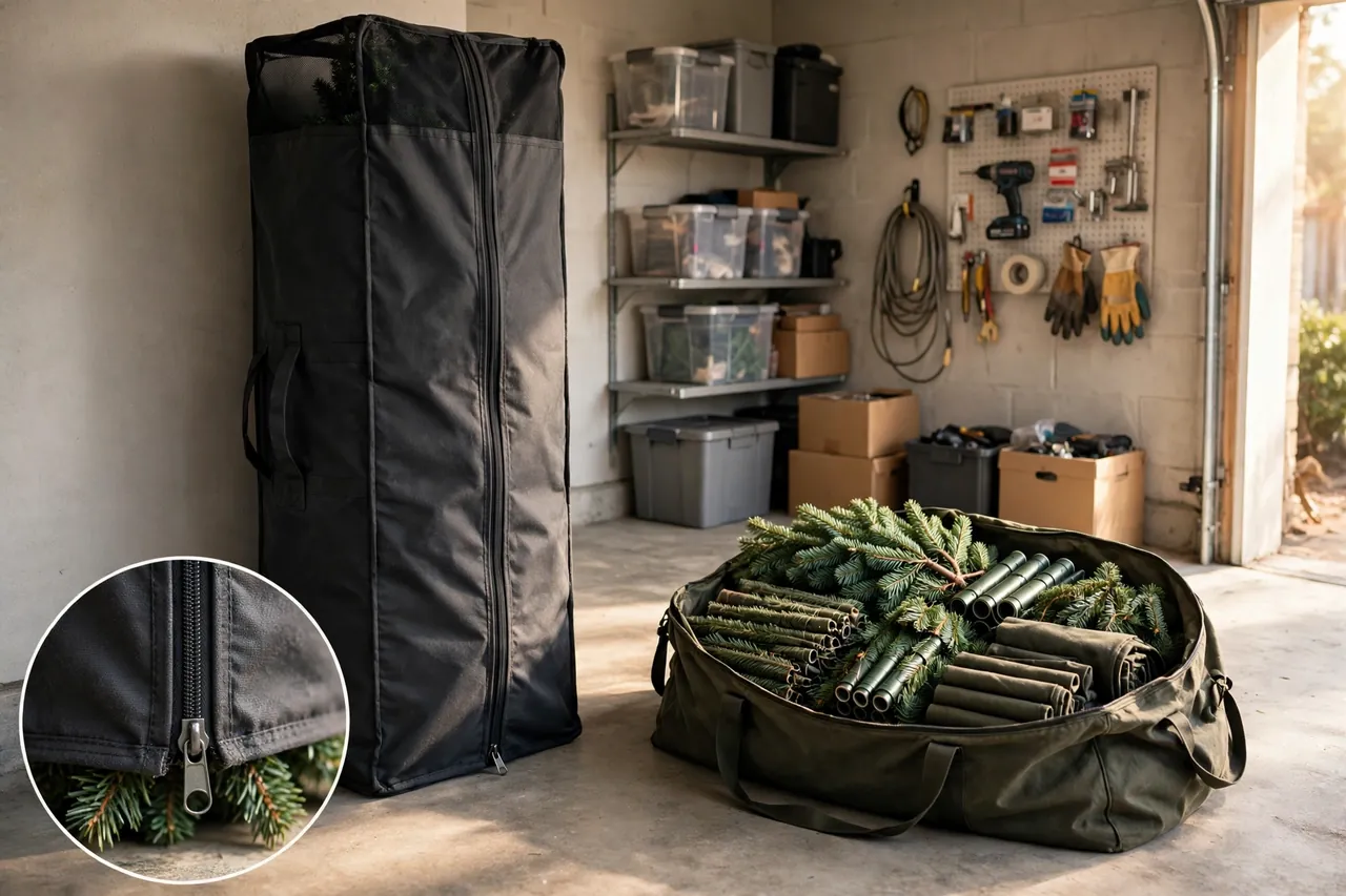 Tall upright storage cover holding an assembled tree beside an open duffel bag of folded tree sections in a garage, with a close-up inset of the cover's zipper