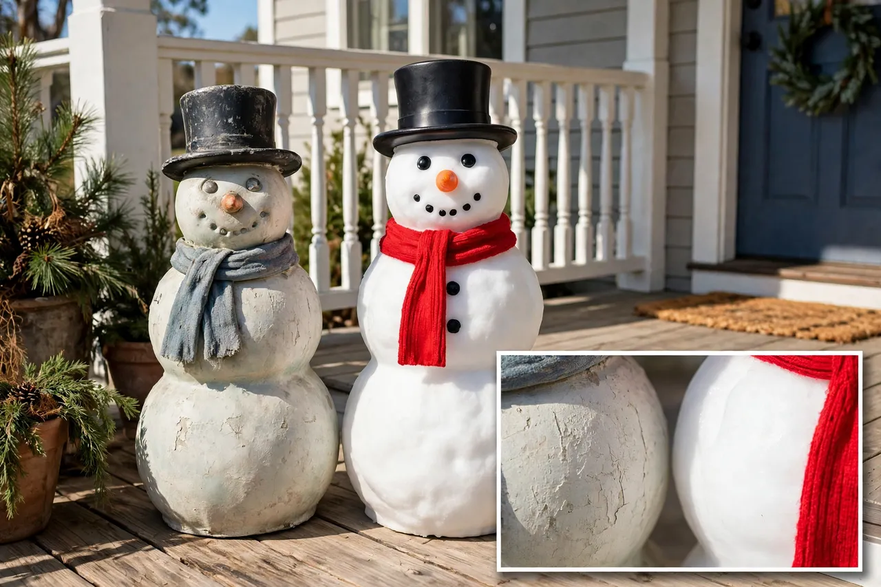 Two blow mold snowmen side by side on a porch, one weathered and muted with worn paint and one bright and crisp, with a close-up inset of their surfaces