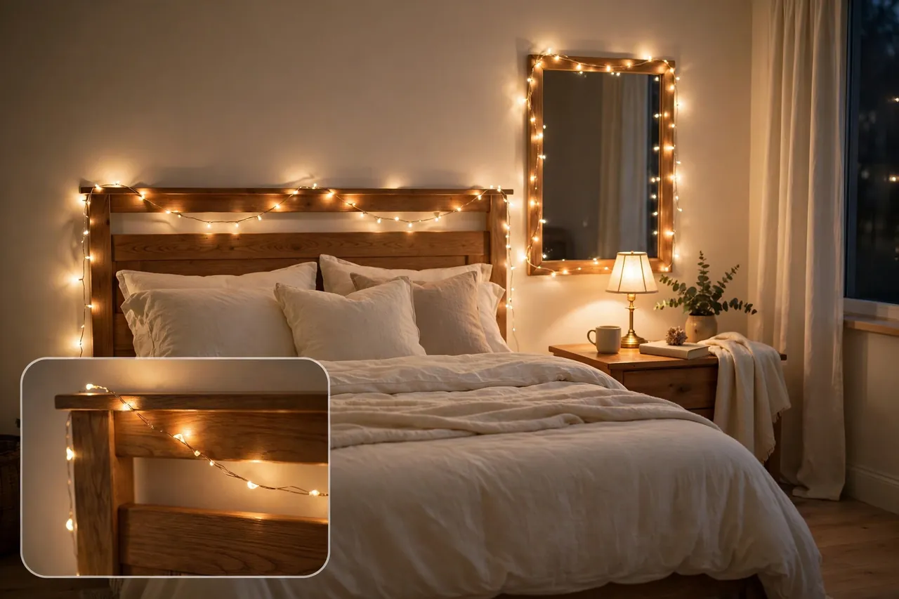 Bedroom in warm low evening light with steady warm white fairy lights draped along the headboard and around a mirror beside a dim bedside lamp