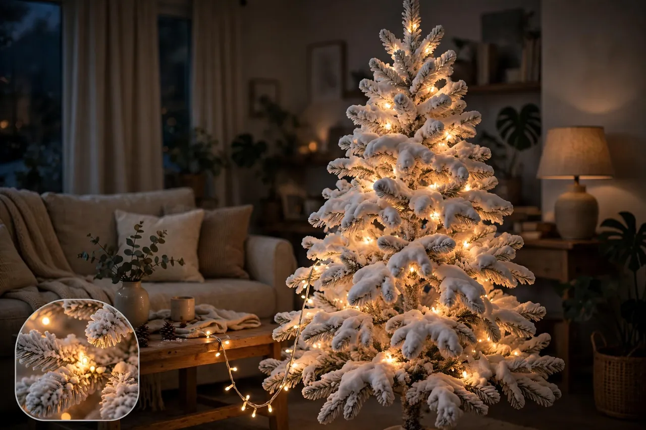 Flocked white Christmas tree glowing with warm white lights deep inside its branches in a dim living room