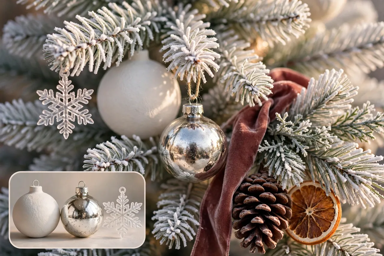 Close-up of a white tree branch cluster with matte, mercury glass and frosted ornaments, velvet ribbon, pinecone and dried orange slice
