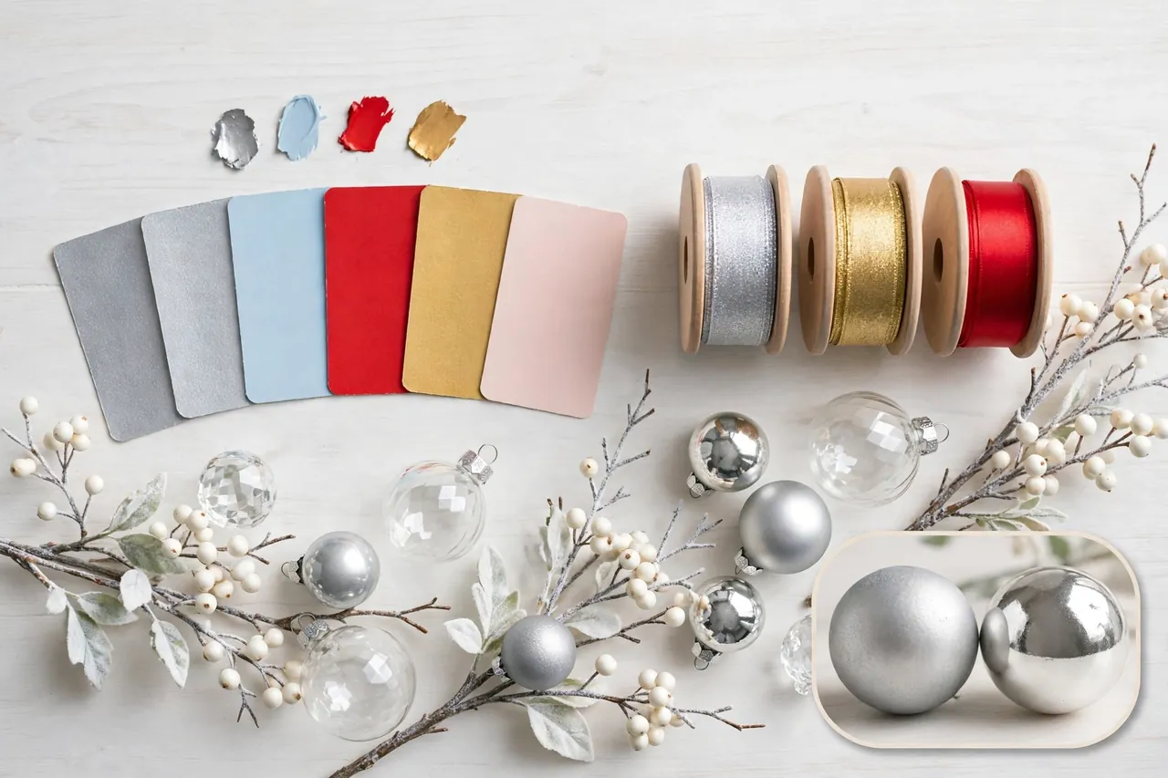 Flat lay of paint chips in silver, blue, red, gold and blush with matching ribbons and silver ornaments for choosing a white tree palette