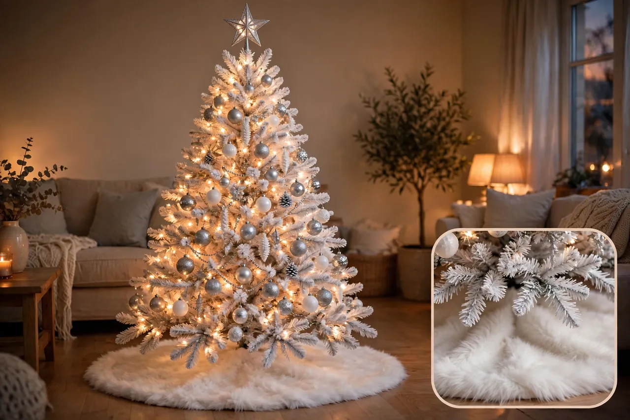 Finished white Christmas tree with silver star topper and white faux-fur skirt spread past the lowest branches