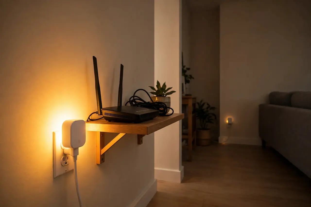 Smart plug near a Wi-Fi router with a strong signal glow versus a weak signal in a far corner