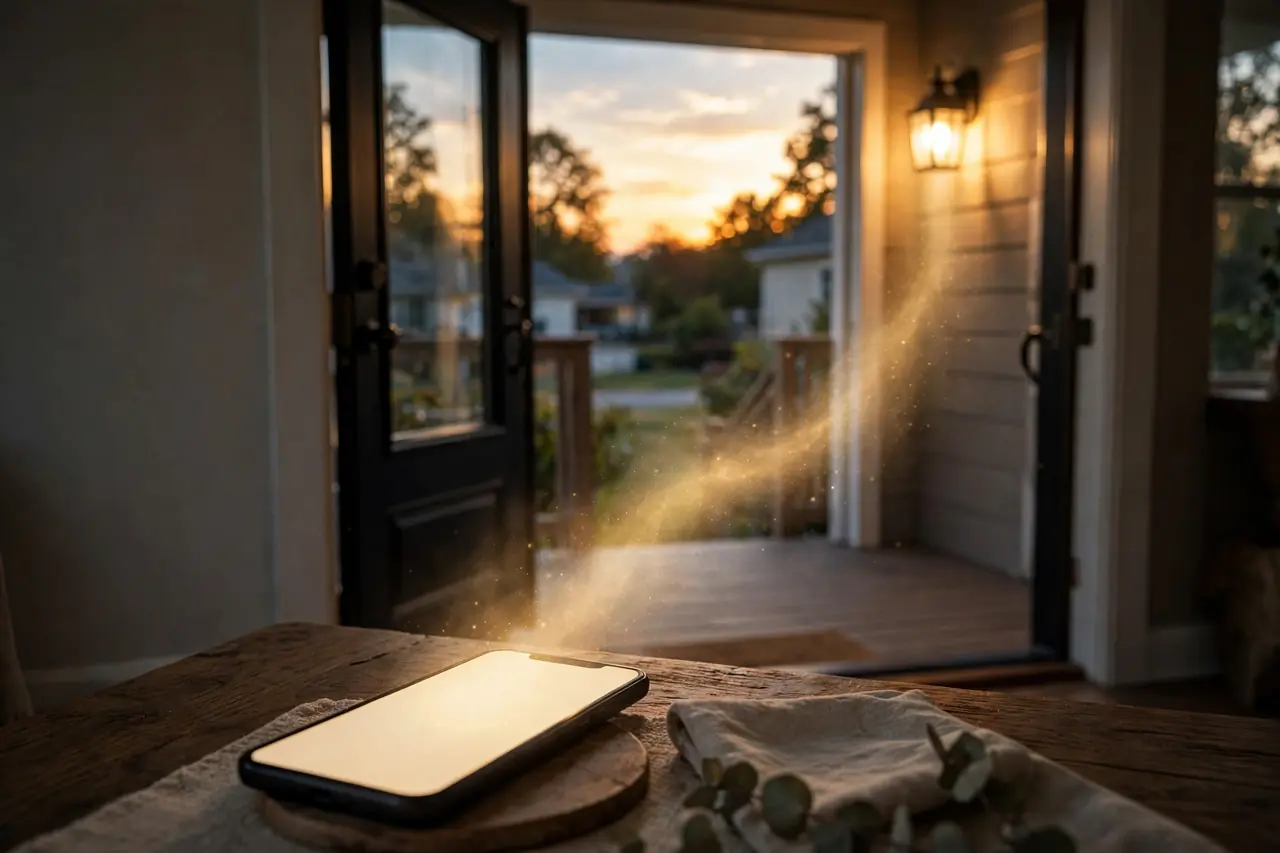 Porch light turning on at sunset from a smart plug routine set on a phone