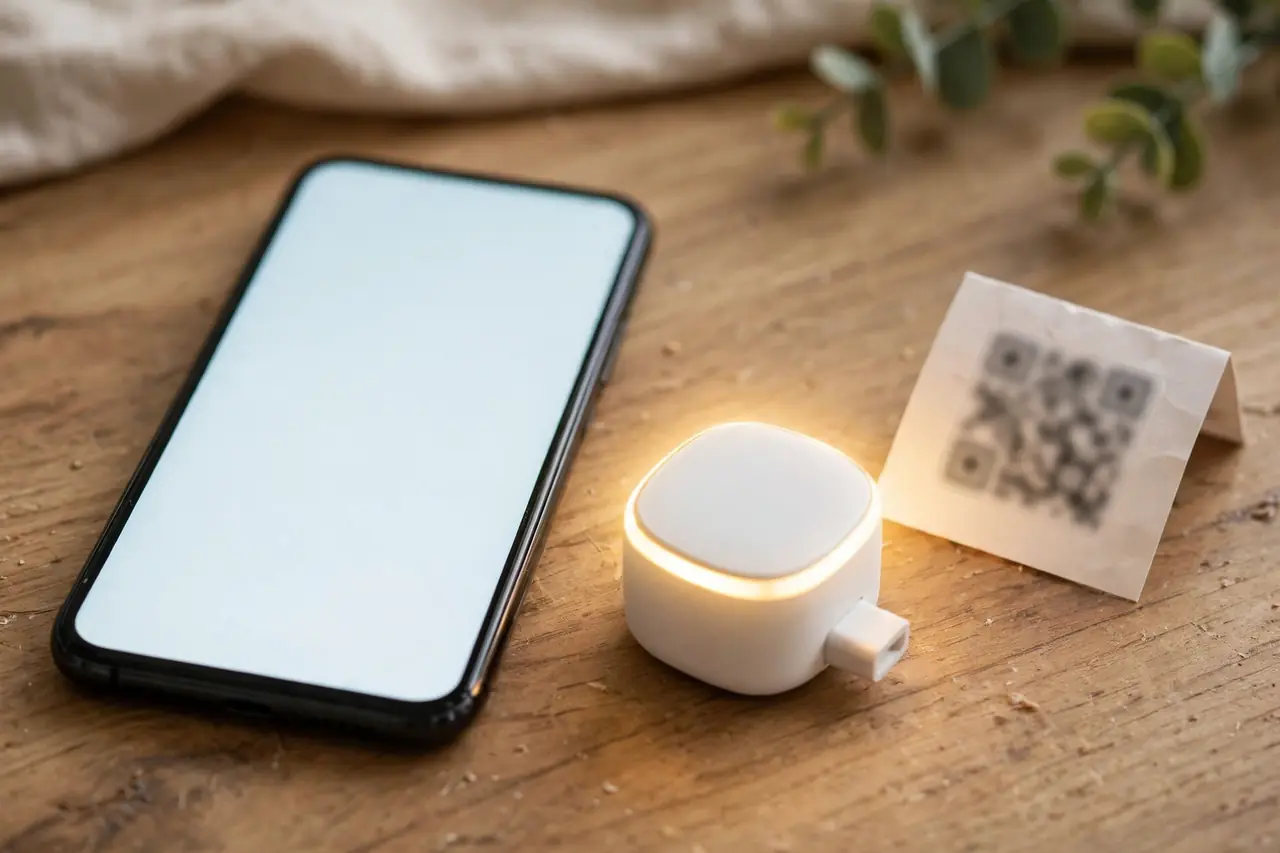 Smartphone beside a smart plug during Google Home setup with its setup code card