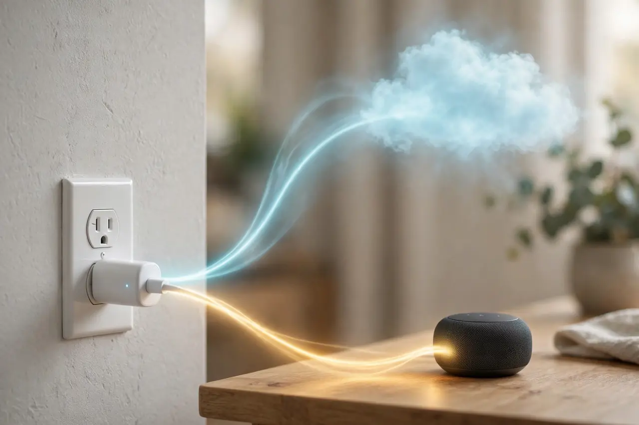 Smart plug with two connection paths — through the maker's cloud or through a local Google hub
