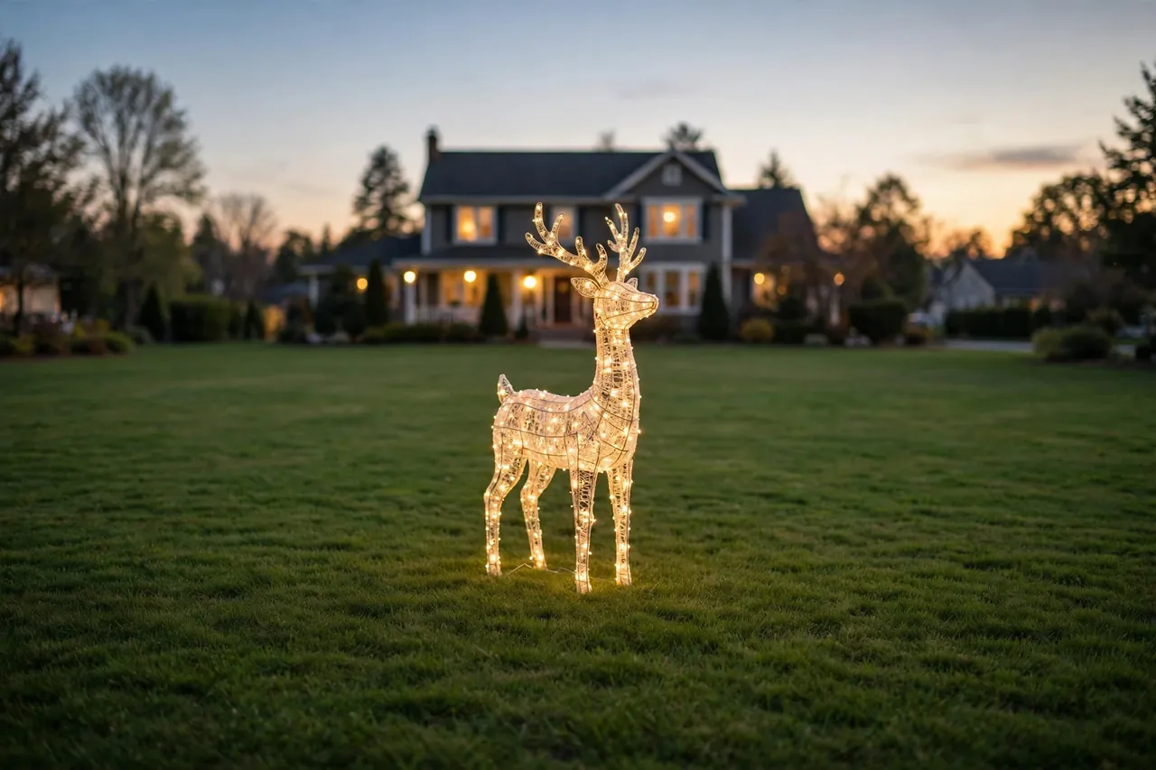 A single tall lighted reindeer standing on a wide empty lawn at dusk with a softly lit house behind it